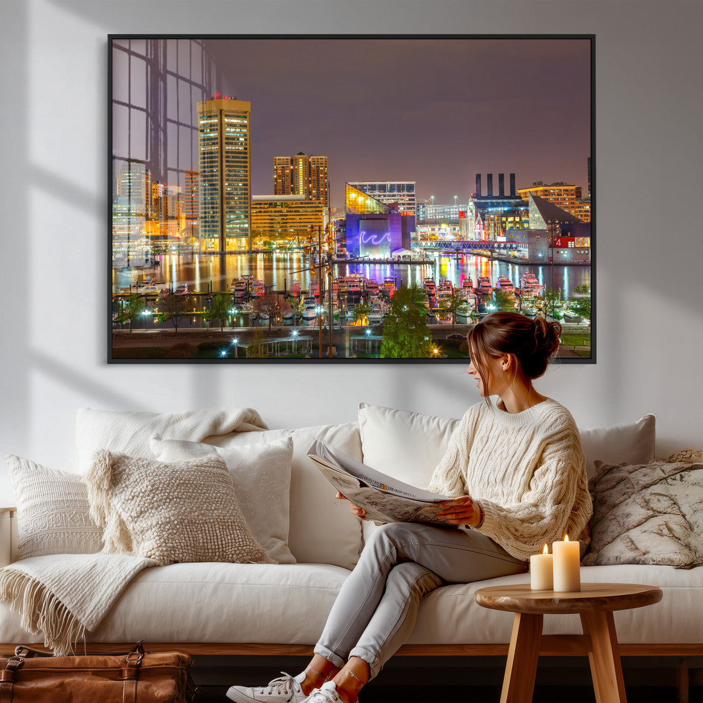 42654823-MGV-CV-36X24 - Baltimore Skyline Wall Art Canvas Print, Baltimore Downtown Night Cityscape Print for Modern Urban Wall Decor