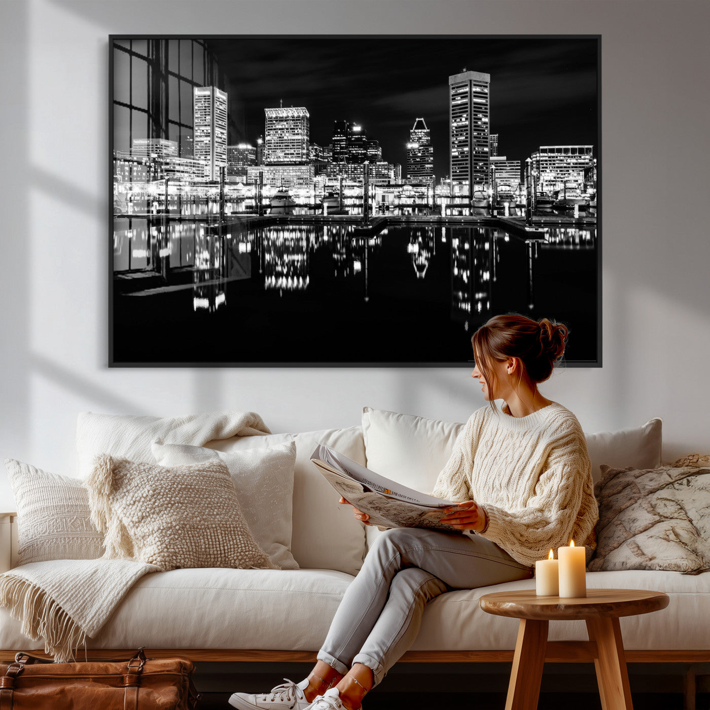 69187681-MGV-CV-36X24 - Baltimore Skyline Wall Art Canvas Print, Baltimore Downtown Night Cityscape Print for Modern Urban Wall Decor