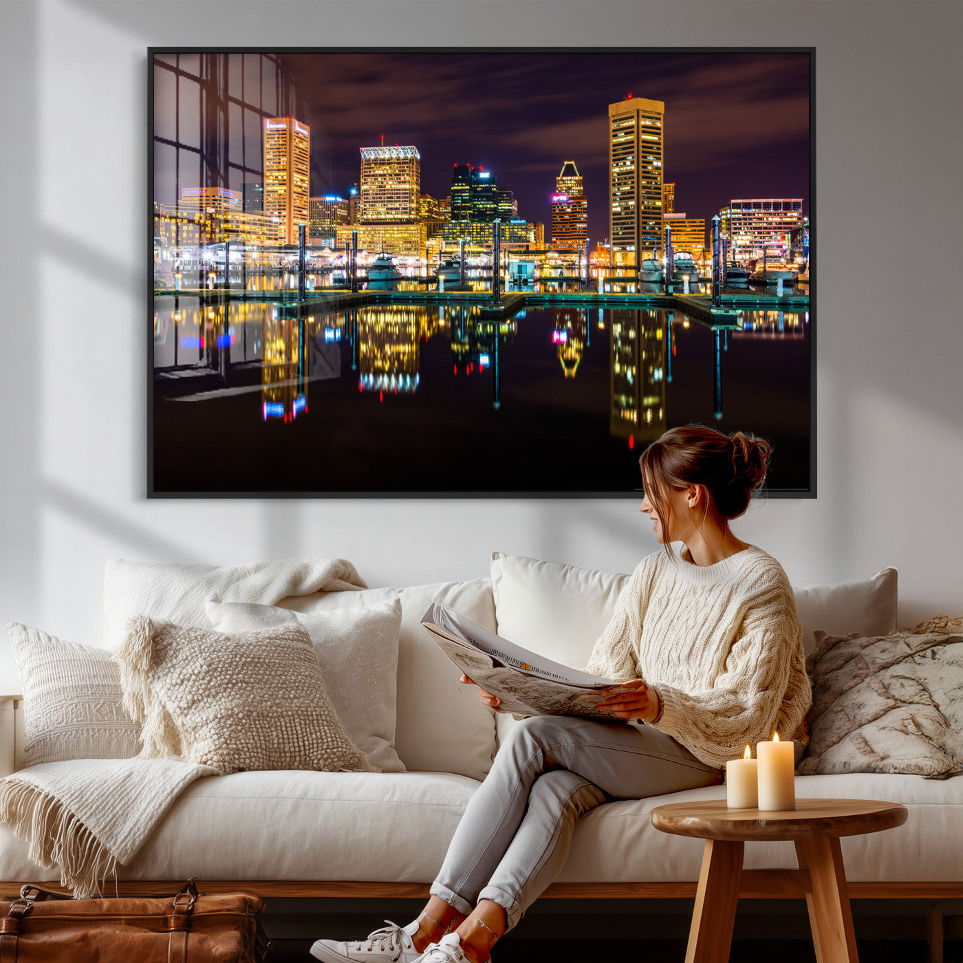 38201692-MGV-CV-36X24 - Baltimore Skyline Wall Art Canvas Print, Baltimore Downtown Night Cityscape Print for Modern Urban Wall Decor