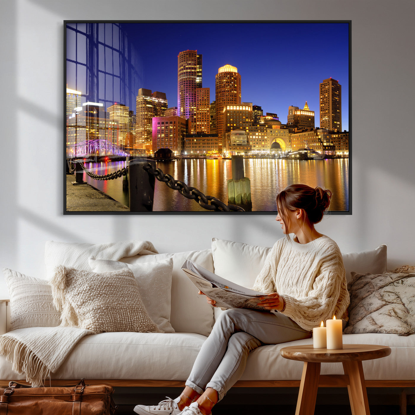 56611117-MGV-CV-36X24 - Boston Wall Art Canvas Print, Boston City Downtown Night Cityscape Print for Modern Urban Wall Decor