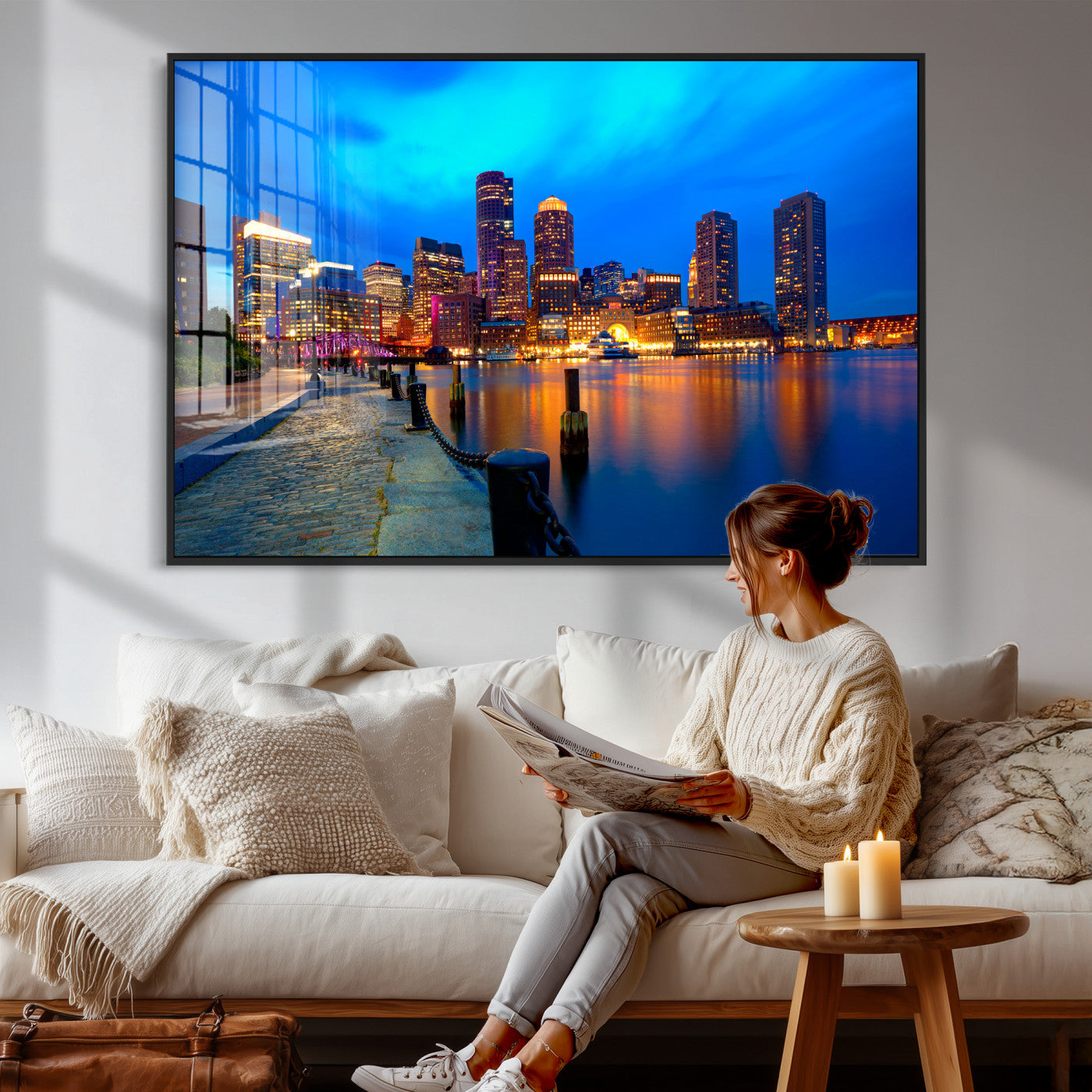 69619565-MGV-CV-36X24 - Boston Wall Art Canvas Print, Boston City Downtown Night Cityscape Print for Modern Urban Wall Decor