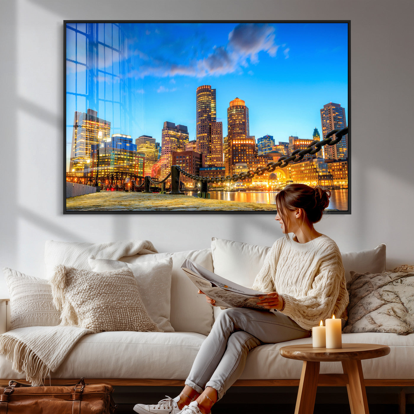46736409-MGV-CV-36X24 - Boston Wall Art Canvas Print, Boston City Downtown Night Cityscape Print for Modern Urban Wall Decor