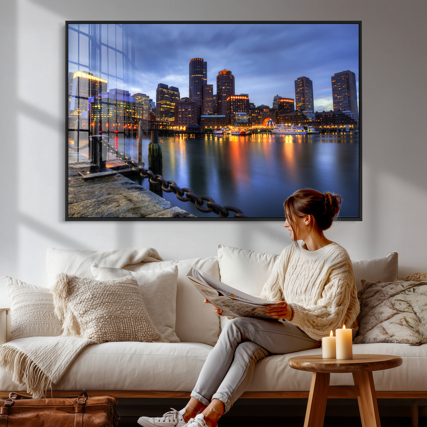 82439622-MGV-CV-36X24 - Boston Wall Art Canvas Print, Boston City Downtown Night Cityscape Print for Modern Urban Wall Decor