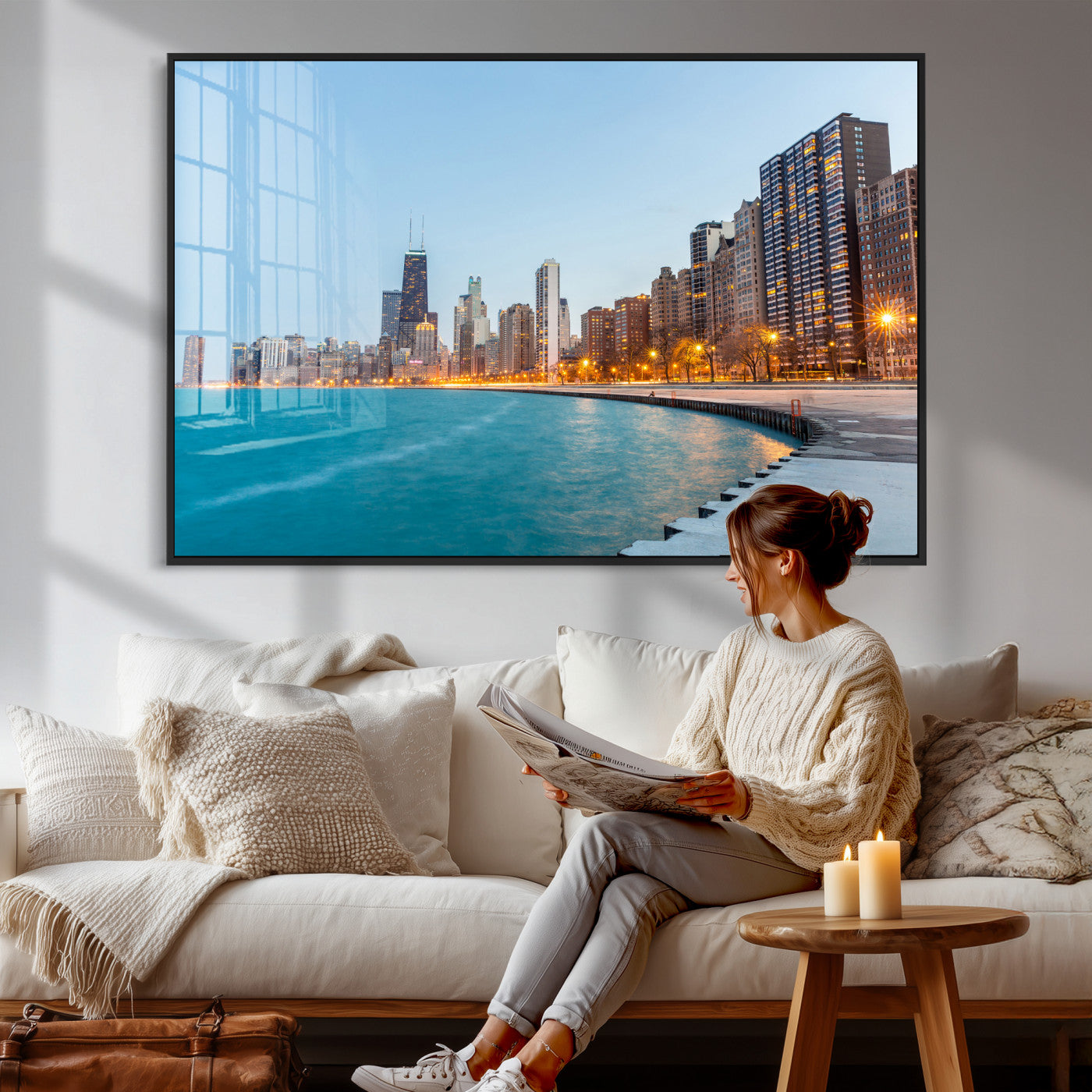 66780141-MGV-CV-36X24 - Chicago Wall Art Canvas Print, Chicago City Downtown Night Cityscape Print for Modern Urban Wall Decor