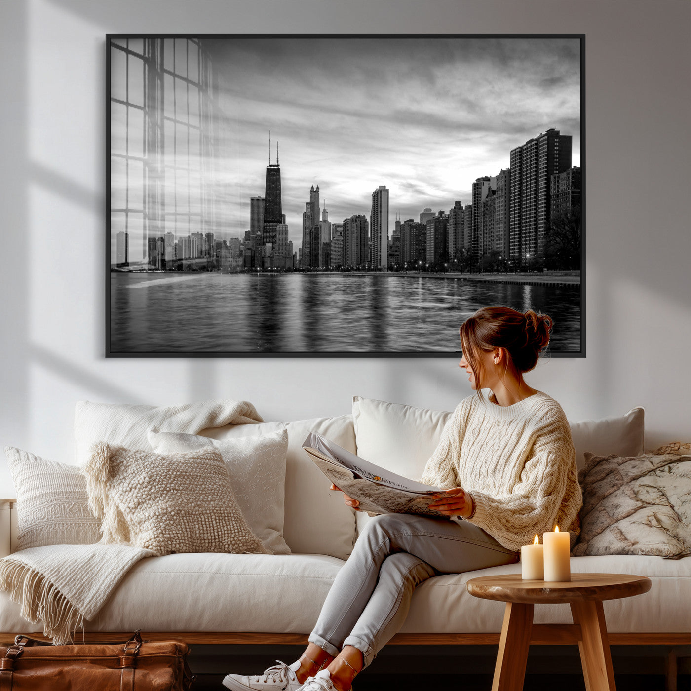 74552581-MGV-CV-36X24 - Chicago Wall Art Canvas Print, Chicago City Downtown Night Cityscape Print for Modern Urban Wall Decor