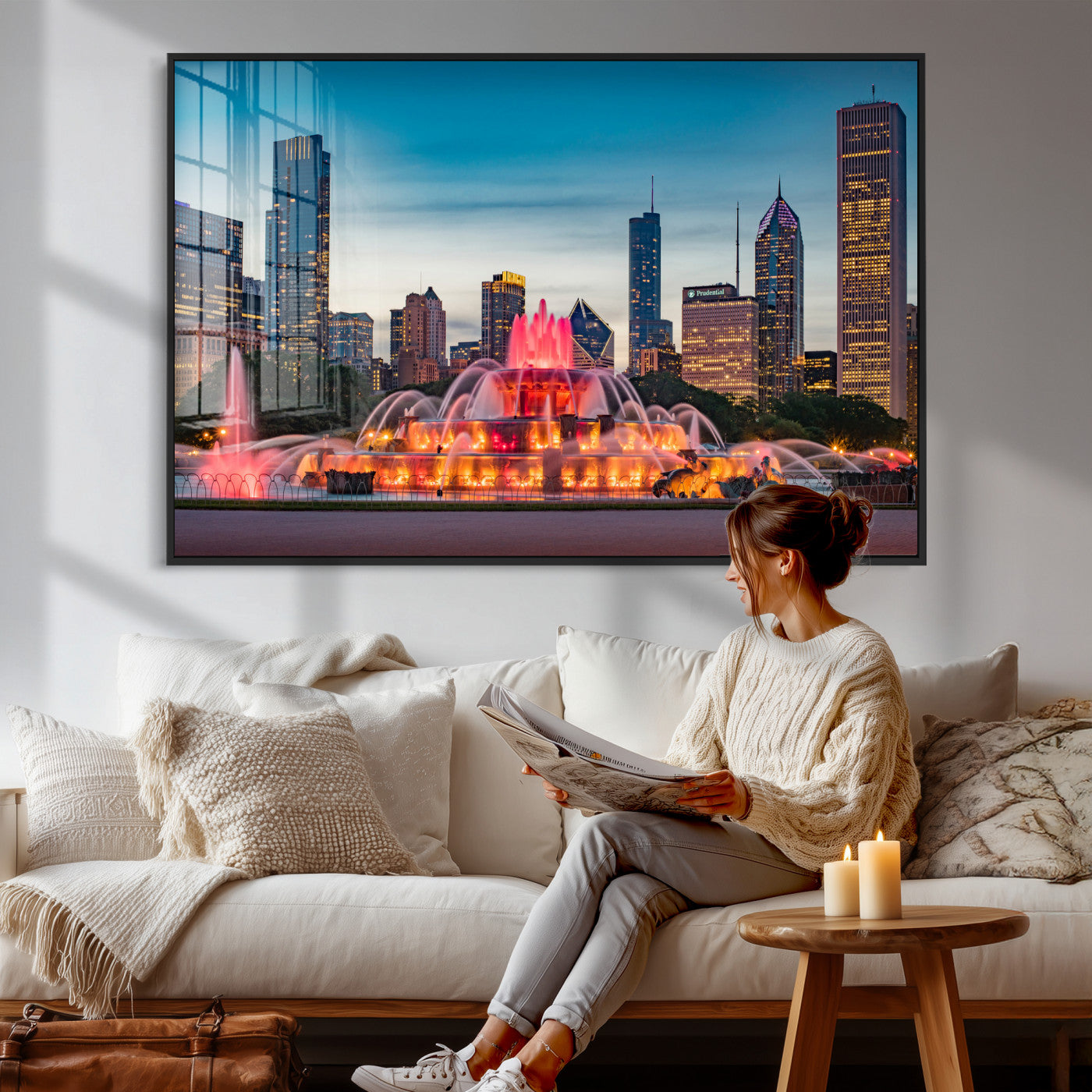 46805285-MGV-CV-36X24 - Chicago Wall Art Canvas Print, Chicago City Downtown Night Cityscape Print for Modern Urban Wall Decor