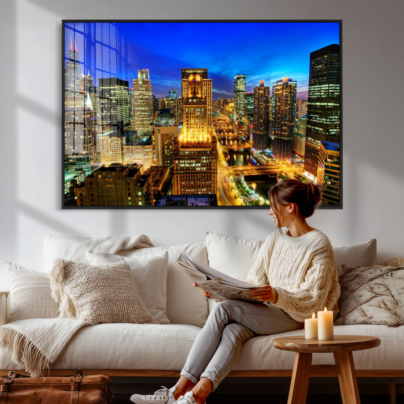 46298885-MGV-CV-36X24 - Chicago Wall Art Canvas Print, Chicago City Downtown Night Cityscape Print for Modern Urban Wall Decor