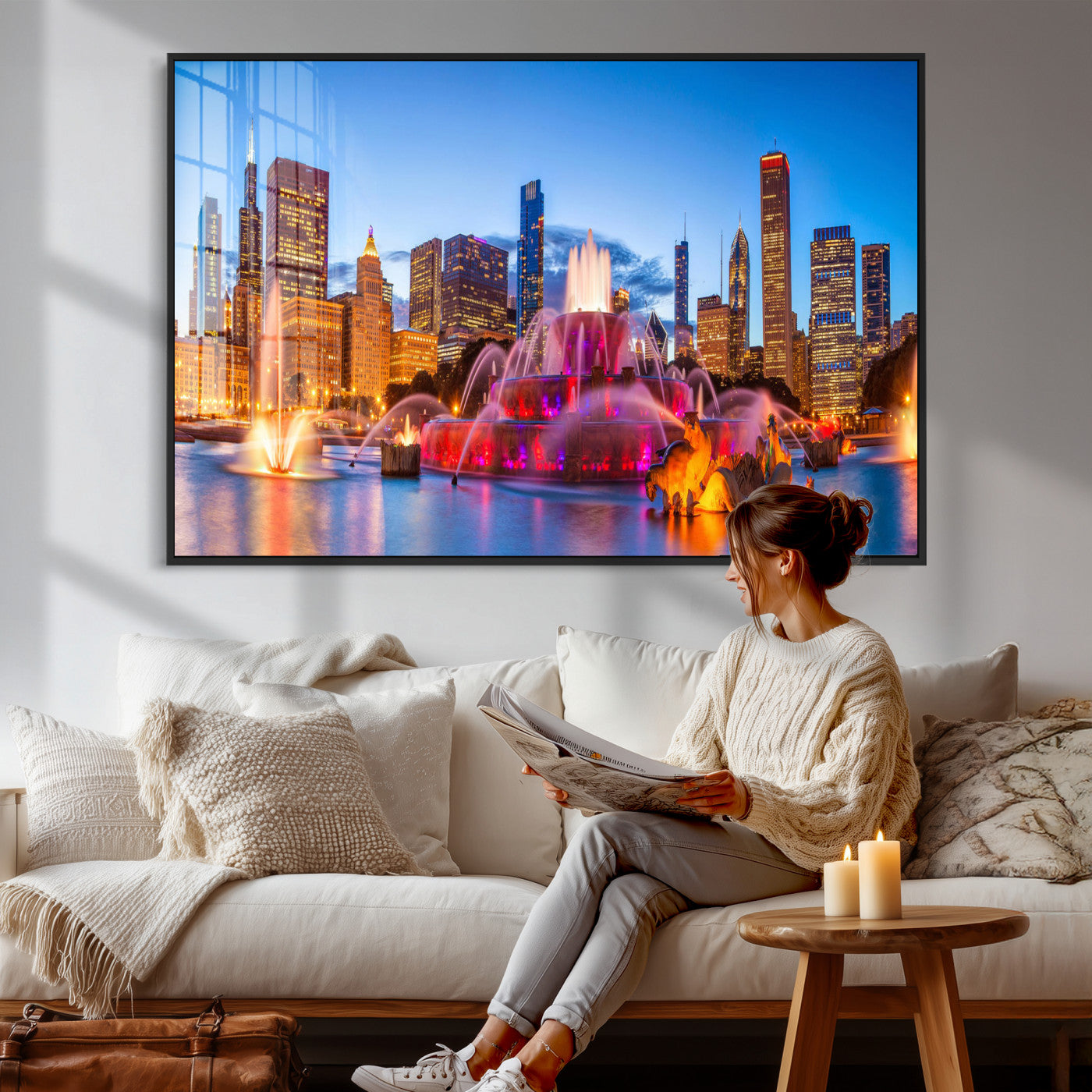 20251989-MGV-CV-36X24 - Chicago Wall Art Canvas Print, Chicago City Downtown Night Cityscape Print for Modern Urban Wall Decor