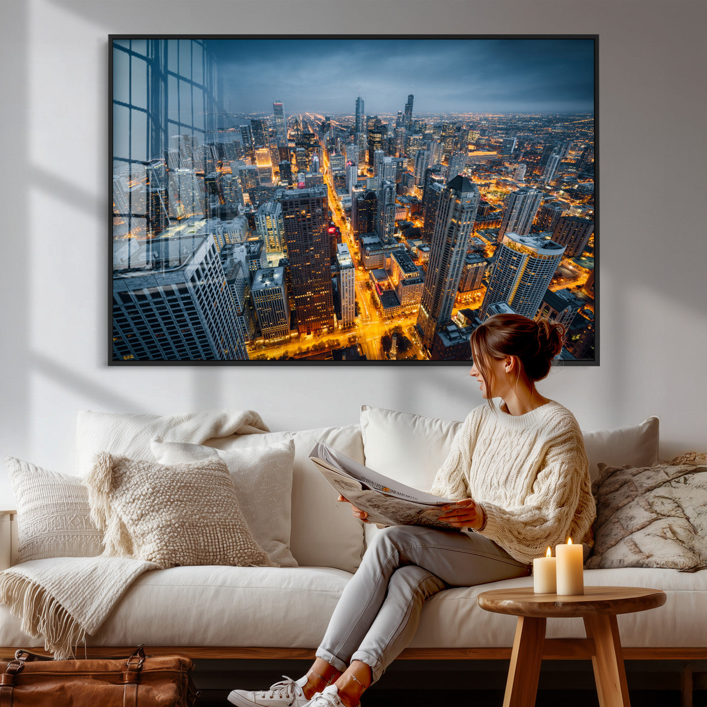 81742538-MGV-CV-36X24 - Chicago Wall Art Canvas Print, Chicago City Downtown Night Cityscape Print for Modern Urban Wall Decor
