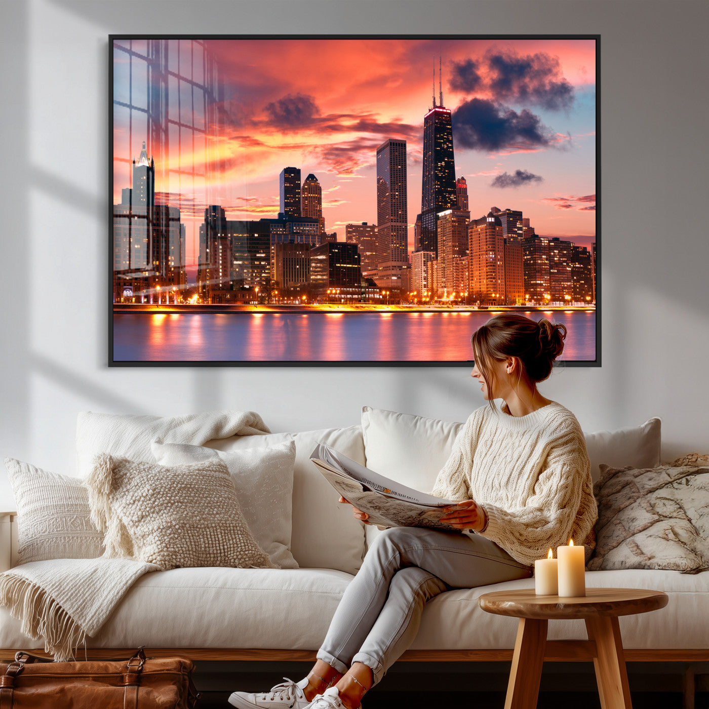 80390109-MGV-CV-36X24 - Chicago Wall Art Canvas Print, Chicago City Downtown Night Cityscape Print for Modern Urban Wall Decor