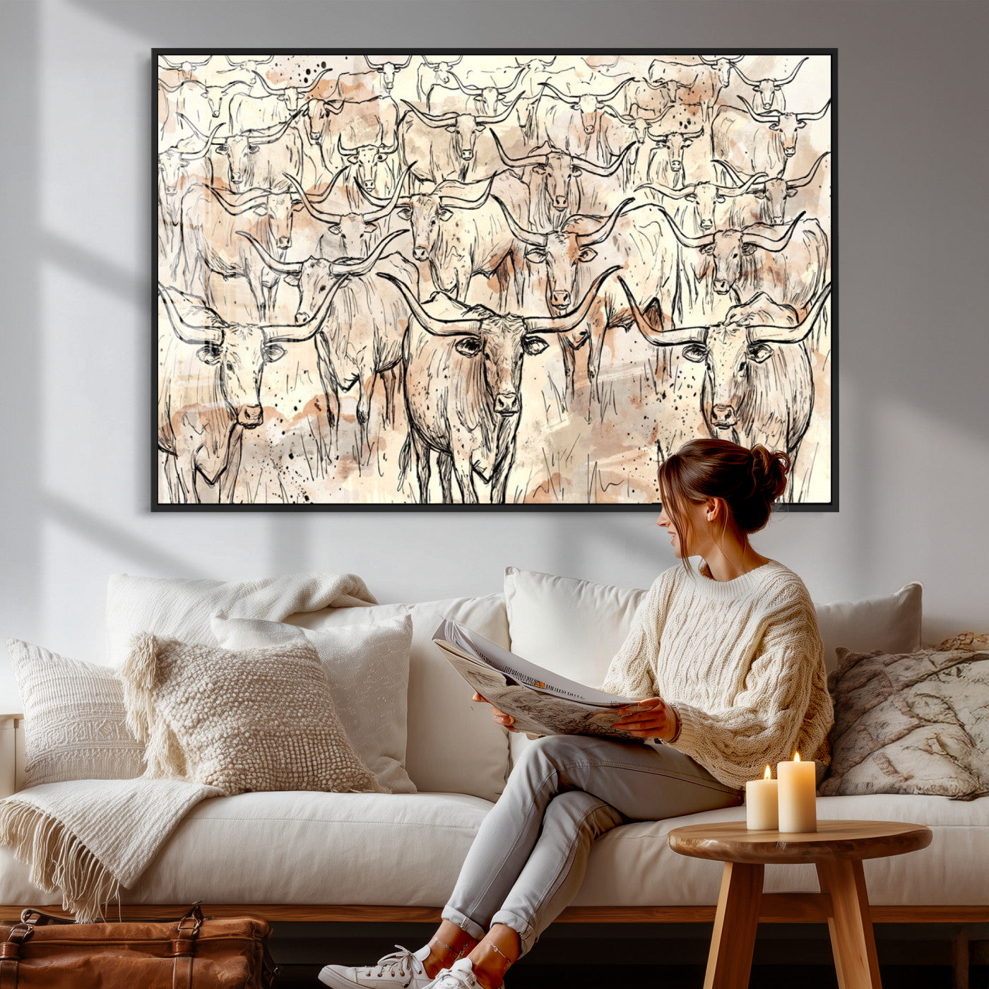 94055403-MGV-CV-36X24 - Farmhouse Animals Wall Art Canvas Print - Abstract Farm Animal Drawing Mid-Century Wall Art for Cabin Decor