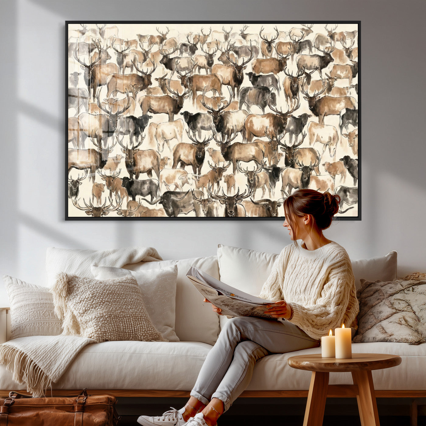 24374881-MGV-CV-36X24 - Farmhouse Animals Wall Art Canvas Print - Abstract Farm Animal Drawing Mid-Century Wall Art for Cabin Decor