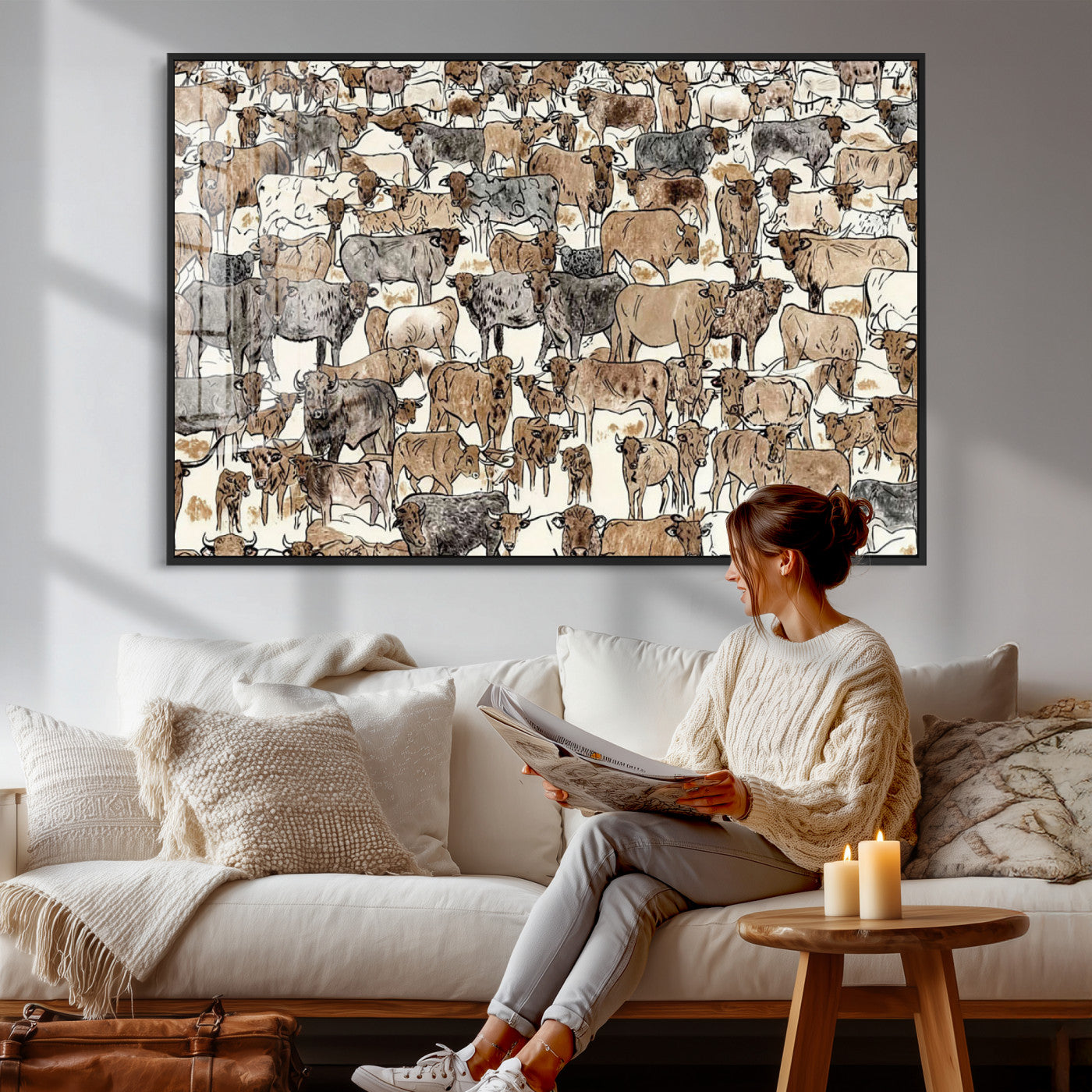 76902119-MGV-CV-36X24 - Farmhouse Animals Wall Art Canvas Print - Abstract Farm Animal Drawing Mid-Century Wall Art for Cabin Decor