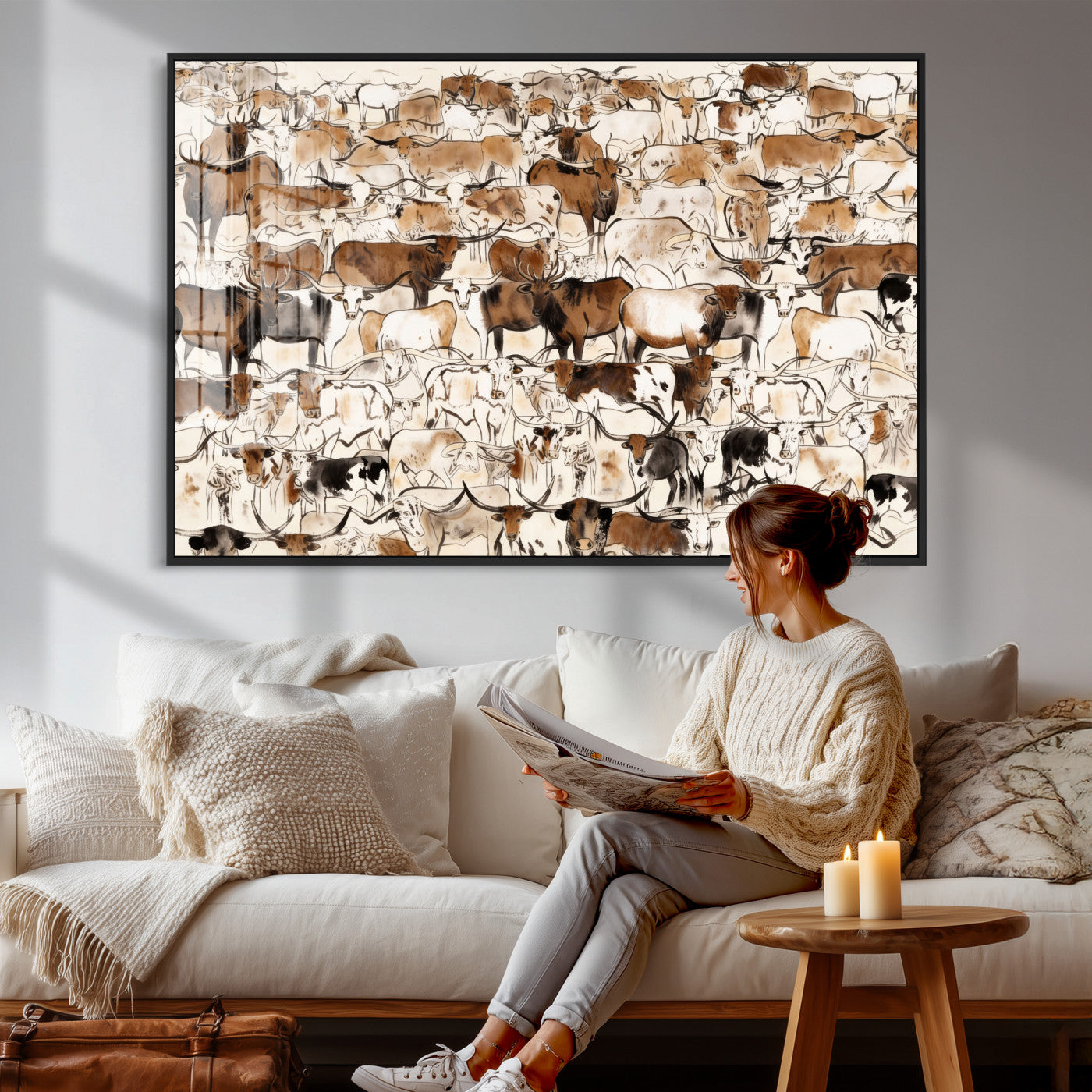 81416572-MGV-CV-36X24 - Farmhouse Animals Wall Art Canvas Print - Abstract Farm Animal Drawing Mid-Century Wall Art for Cabin Decor