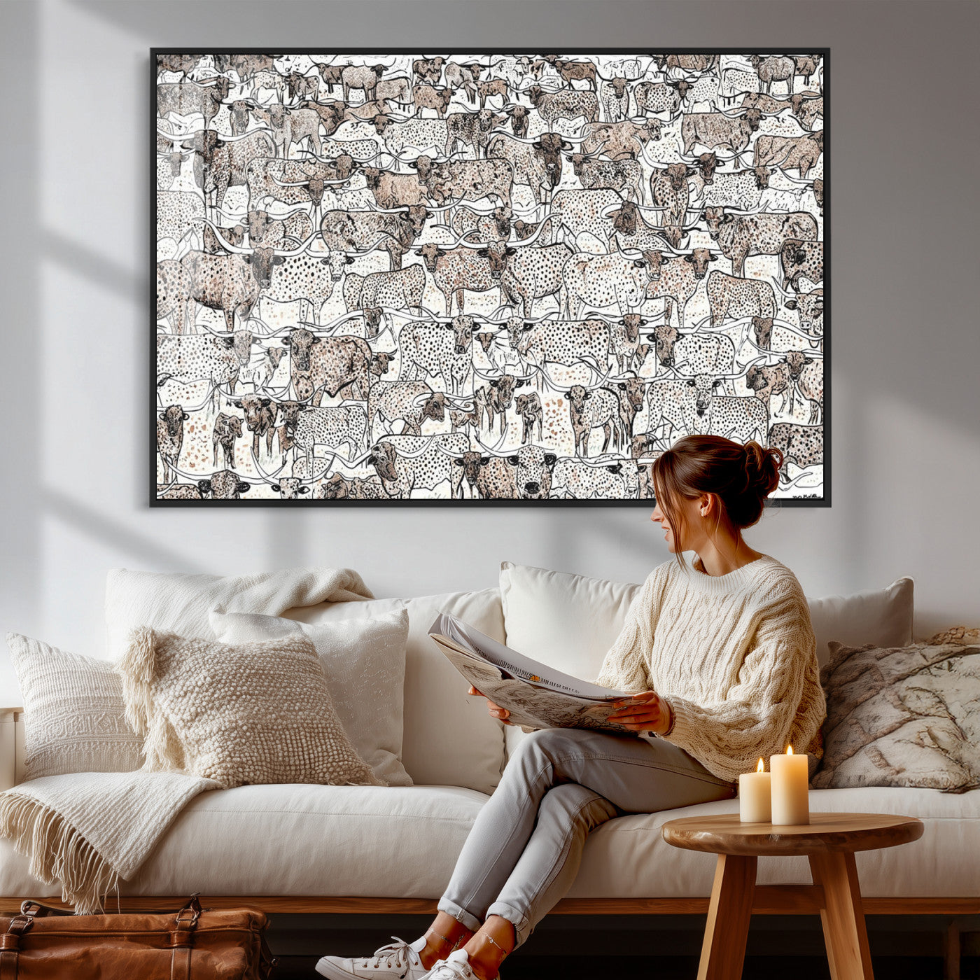 49200255-MGV-CV-36X24 - Farmhouse Animals Wall Art Canvas Print - Abstract Farm Animal Drawing Mid-Century Wall Art for Cabin Decor