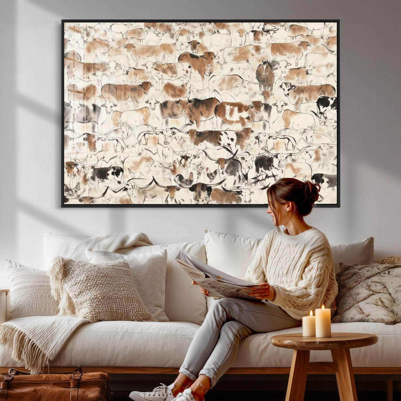 69961368-MGV-CV-36X24 - Farmhouse Animals Wall Art Canvas Print - Abstract Farm Animal Drawing Mid-Century Wall Art for Cabin Decor