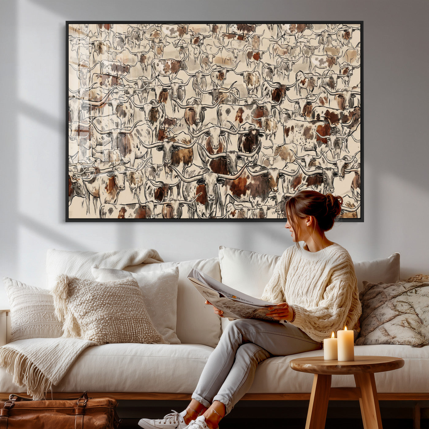 94808502-MGV-CV-36X24 - Farmhouse Animals Wall Art Canvas Print - Abstract Farm Animal Drawing Mid-Century Wall Art for Cabin Decor