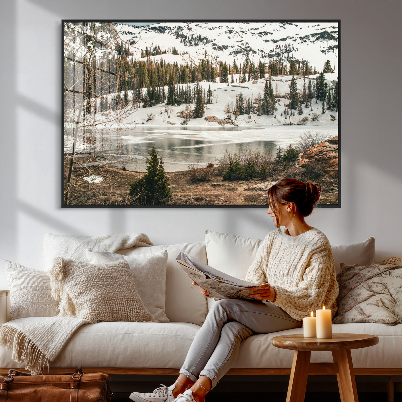 10336249-MGV-CV-36X24 - Snowy Mountain Landscape Wall Art Canvas Print, Alpine Pine Forest Winter Nature Wall Decor for Living Room and Office