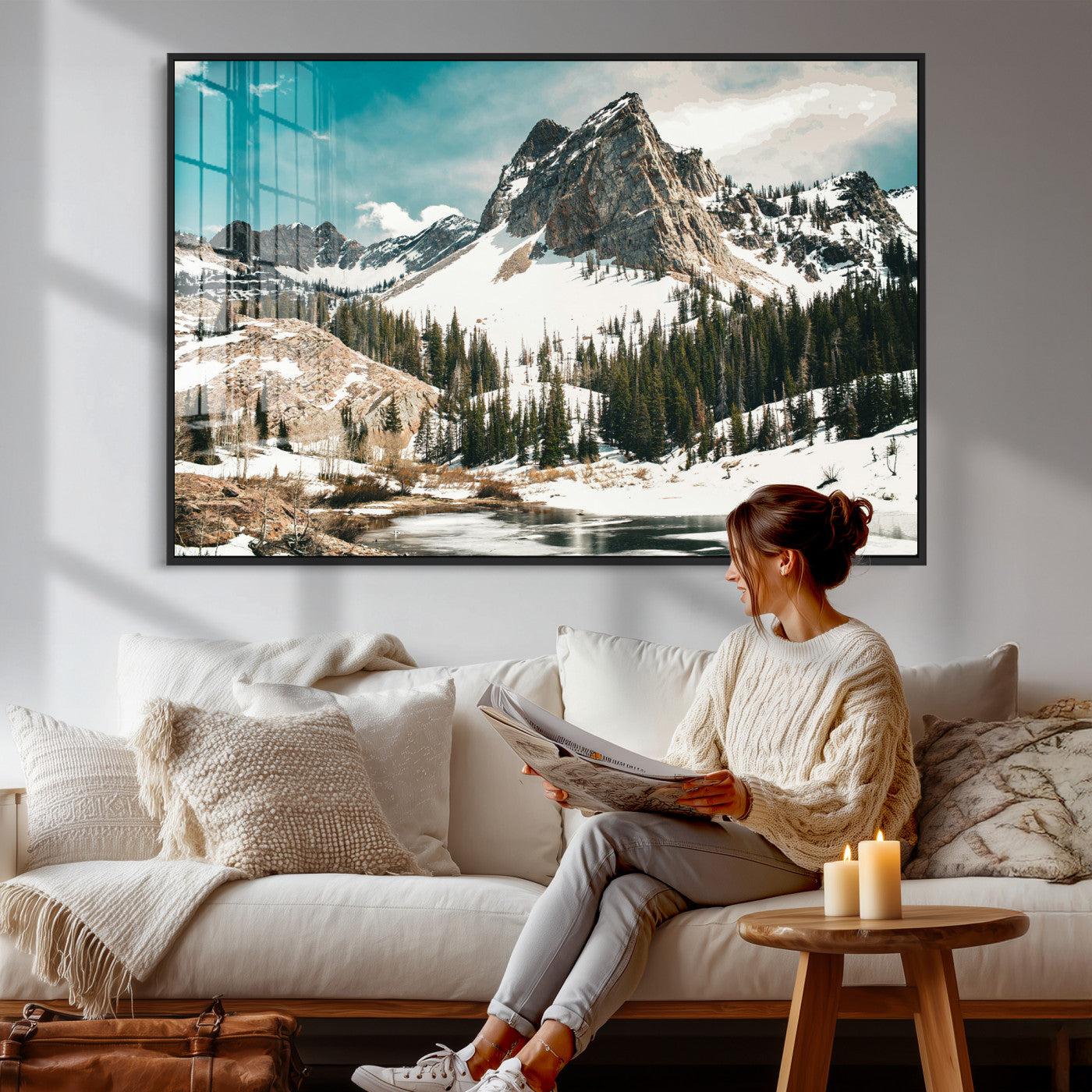 56837070-MGV-CV-36X24 - Snowy Mountain Landscape Wall Art Canvas Print, Alpine Pine Forest Winter Nature Wall Decor for Living Room and Office