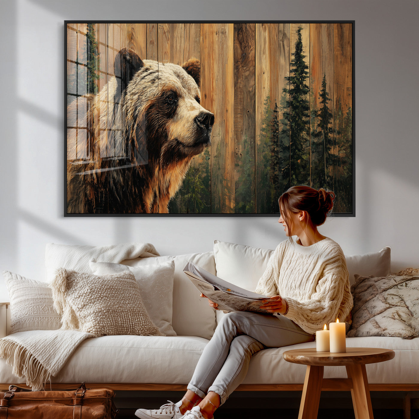 75645180-MGV-CV-36X24 - Grizzly Bear Wall Art Canvas Print, Rustic Wildlife Bear Artwork, Forest Animal Painting, Cabin Lodge Nature Wall Decor