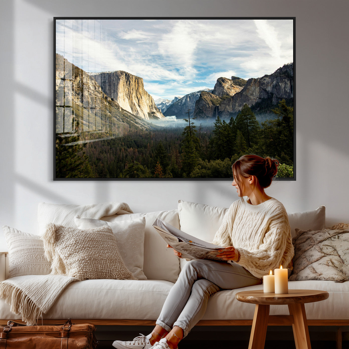 15089394-MGV-CV-36X24 - Yosemite Valley Mountain Landscape Wall Art Canvas Print, Granite Cliff Forest Valley Canvas Print, California National Park Scenic Art Printing