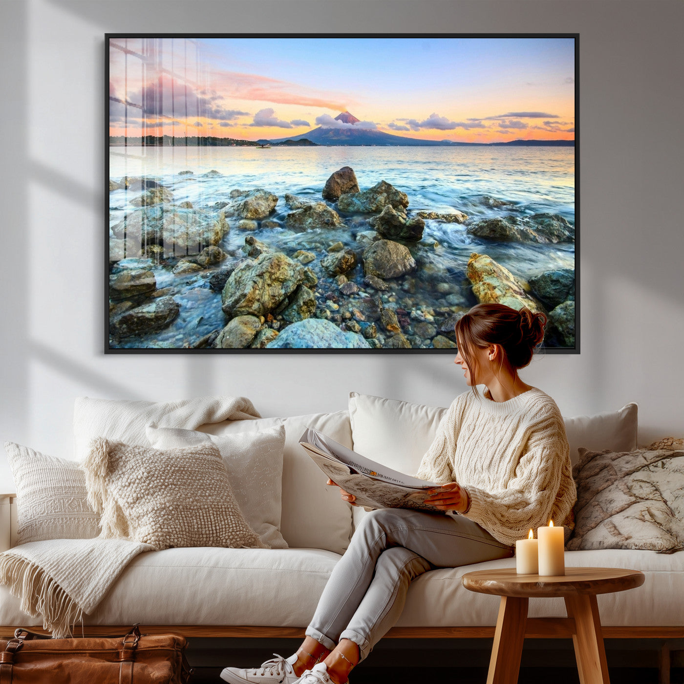 46869511-MGV-CV-36X24 - Mayon Volcano Seascape Landscape Wall Art Canvas Print, Tropical Ocean Shore Mountain Canvas Print, Philippines Coastal Scenic Art Printing