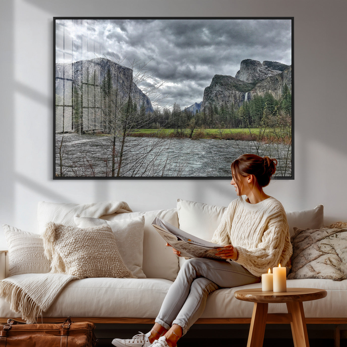 75582552-MGV-CV-36X24 - Yosemite Valley River Landscape Wall Art Canvas Print, Granite Cliffs Forest River Canvas Print, California National Park Moody Scenic Art Printi