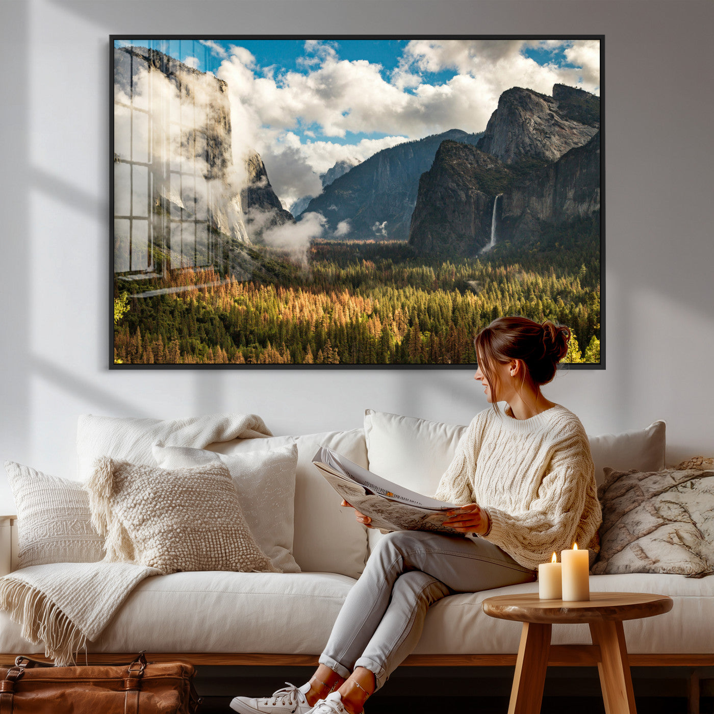 18271001-MGV-CV-36X24 - Yosemite Valley River Landscape Wall Art Canvas Print, Granite Cliffs Forest River Canvas Print, California National Park Moody Scenic Art Printi