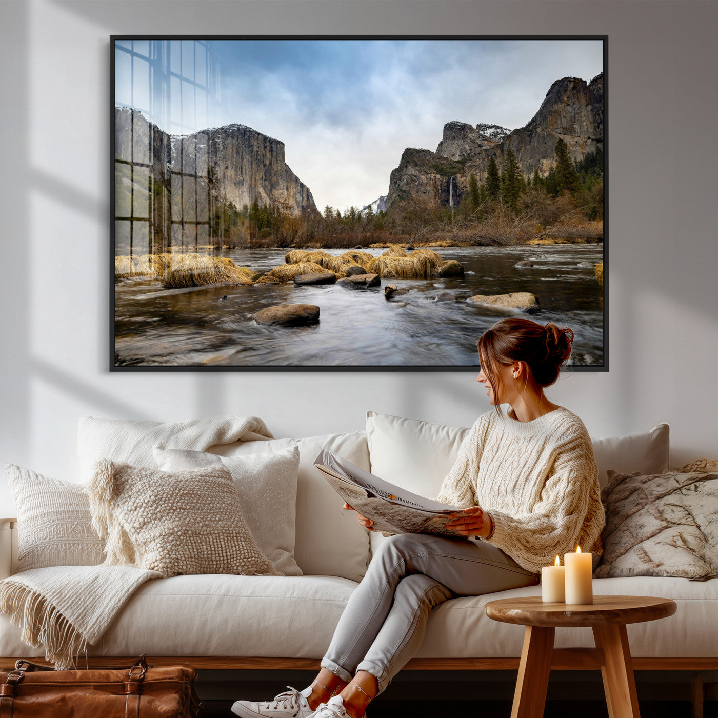 20458404-MGV-CV-36X24 - Yosemite Valley Mountain Landscape Wall Art Canvas Print, Granite Cliff Forest Valley Canvas Print, California National Park Scenic Art Printing