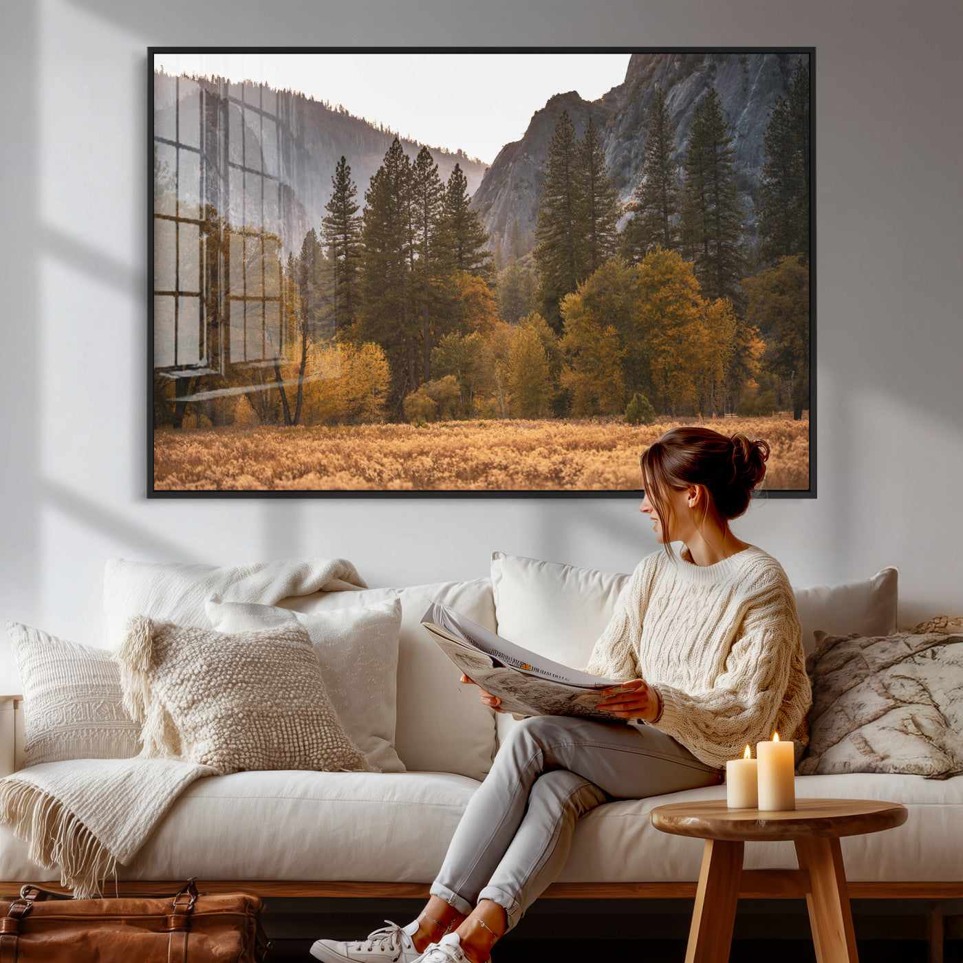 61682763-MGV-CV-36X24 - Yosemite Valley Autumn Forest Landscape Wall Art Canvas Print, Granite Mountain Pine Trees Canvas Print, California National Park Fall Scenic Art Printing