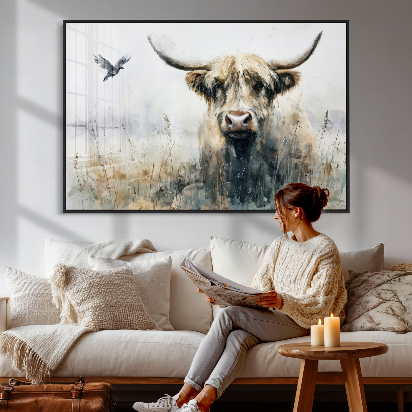 55652651-MGV-CV-36X24 - Abstract Highland Cow Watercolor Animal Wall Art Canvas Print, Rustic Farm Cattle Portrait Canvas Print, Neutral Wildlife Farmhouse Art Printing