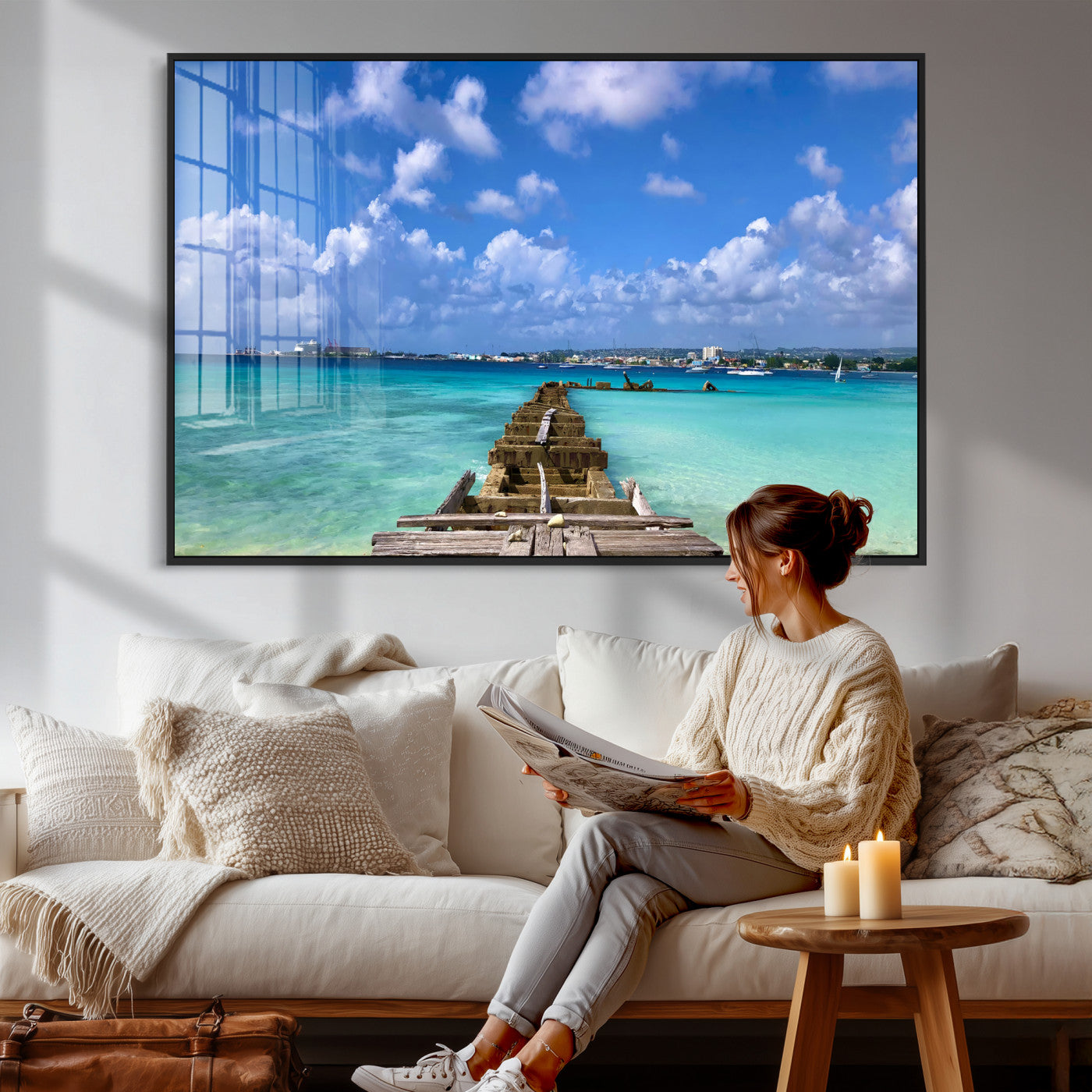 43165024-MGV-CV-36X24 - Caribbean Ocean Pier Seascape Wall Art Canvas Print, Turquoise Sea Tropical Harbor Canvas Print, Island Coastal Blue Water Scenic Art Printing
