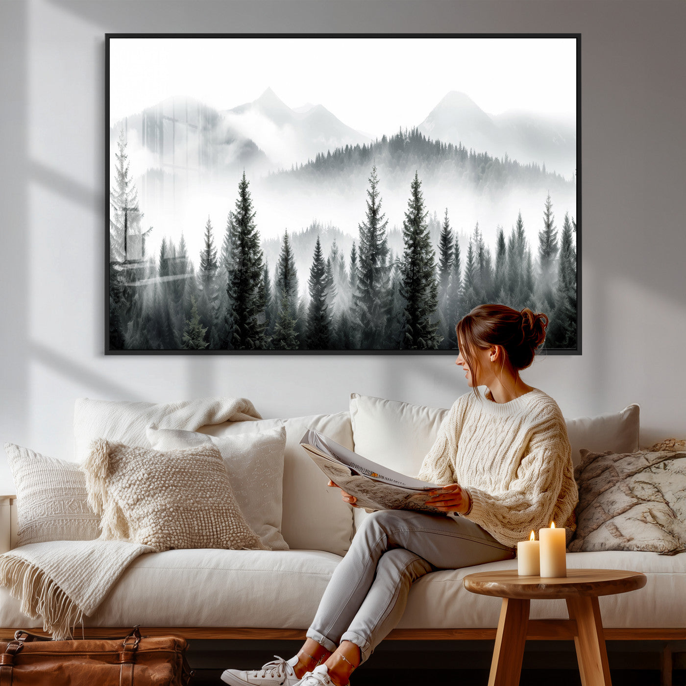 38819032-MGV-CV-36X24 - Misty Pine Forest Mountain Landscape Wall Art Canvas Print, Foggy Evergreen Trees Minimal Nature Canvas Print, Monochrome Wilderness Scenic Art Printing