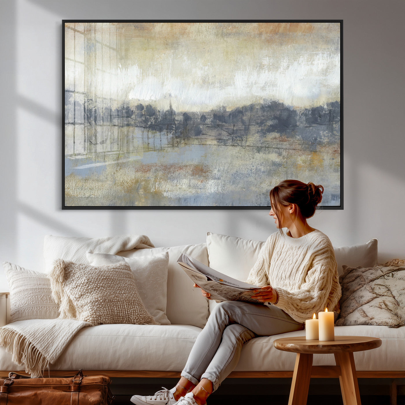 73973590-MGV-CV-36X24 - Abstract Neutral Landscape Painting Wall Art Canvas Print, Modern Minimal Texture Horizon Canvas Print, Beige Gray Contemporary Abstract Art Printing