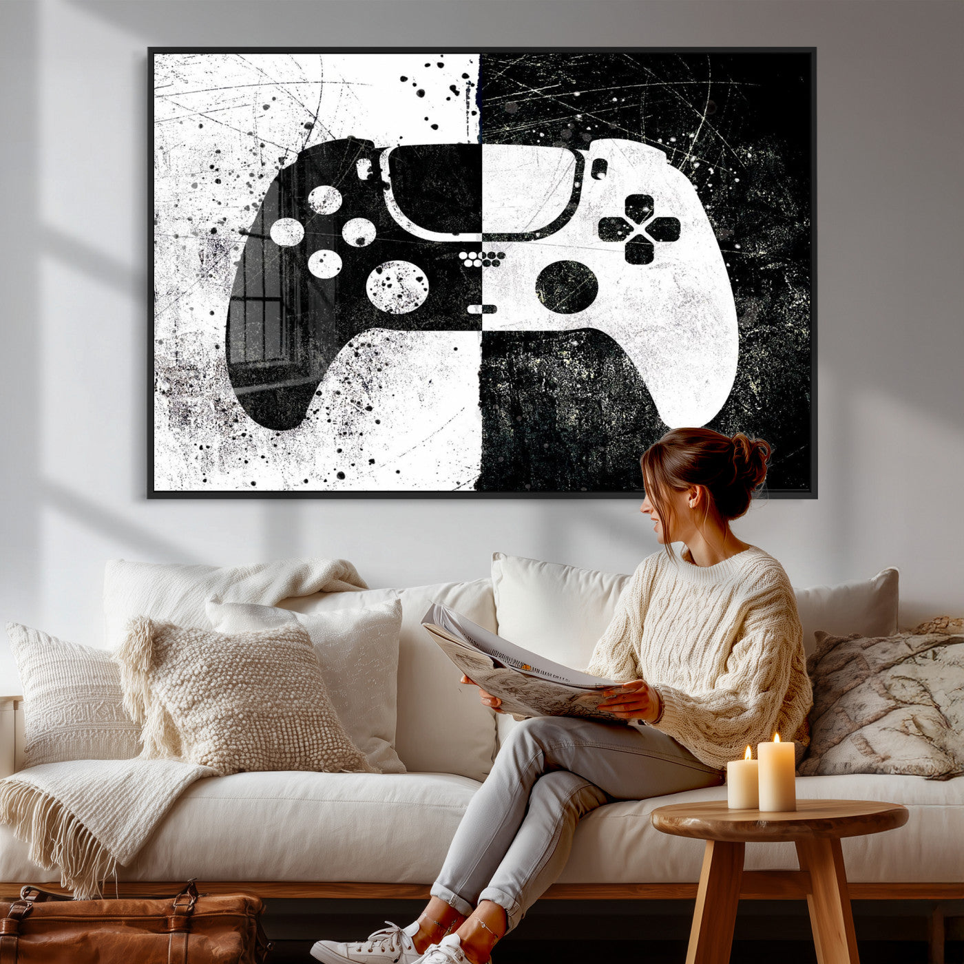 17525128-MGV-CV-36X24 - Abstract Gaming Controller Wall Art Canvas Print, Black White Video Game Controller Modern Canvas Print, Minimal Gamer Graphic Art Printing