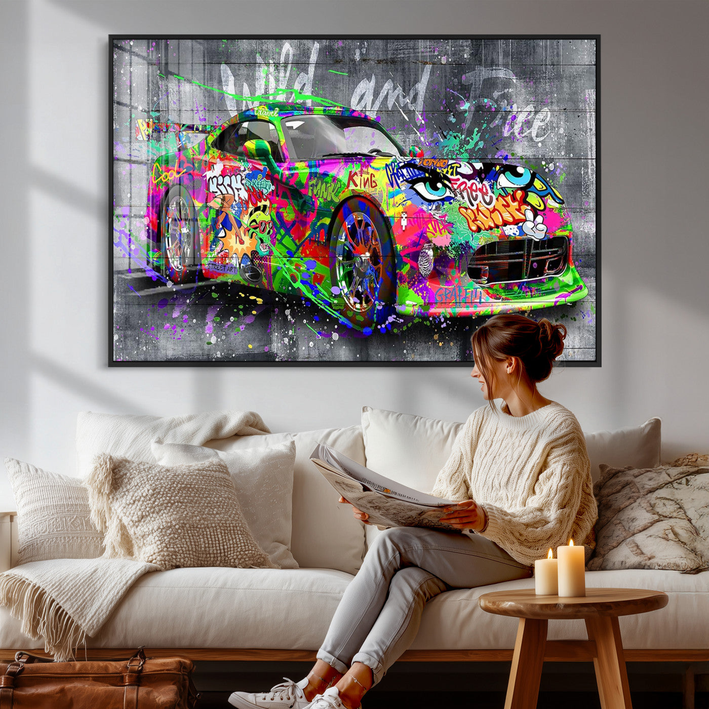 95314968-MGV-CV-36X24 - Graffiti Sports Car Street Art Wall Art Canvas Print, Colorful Urban Supercar Pop Art Canvas Print, Modern Graffiti Car Contemporary Art Printing