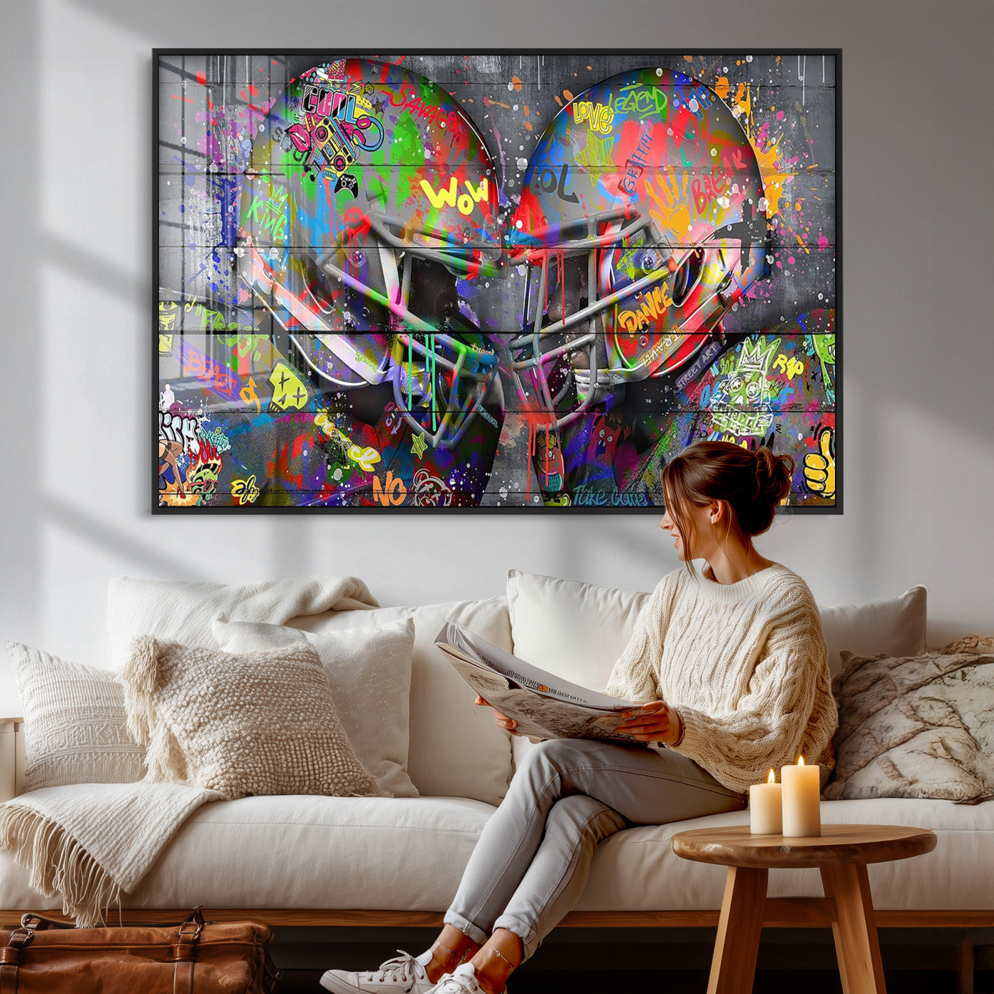 15309853-MGV-CV-36X24 - Graffiti Football Helmets Wall Art Canvas Print, Urban Street Art Sports Decor, Colorful American Football Graffiti Artwork