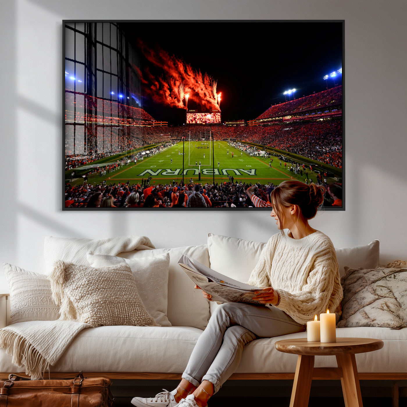 81918884-MGV-CV-36X24 - Auburn Stadium Wall Art Canvas Print, College Football Night Game Crowd, Jordan Hare Stadium Artwork