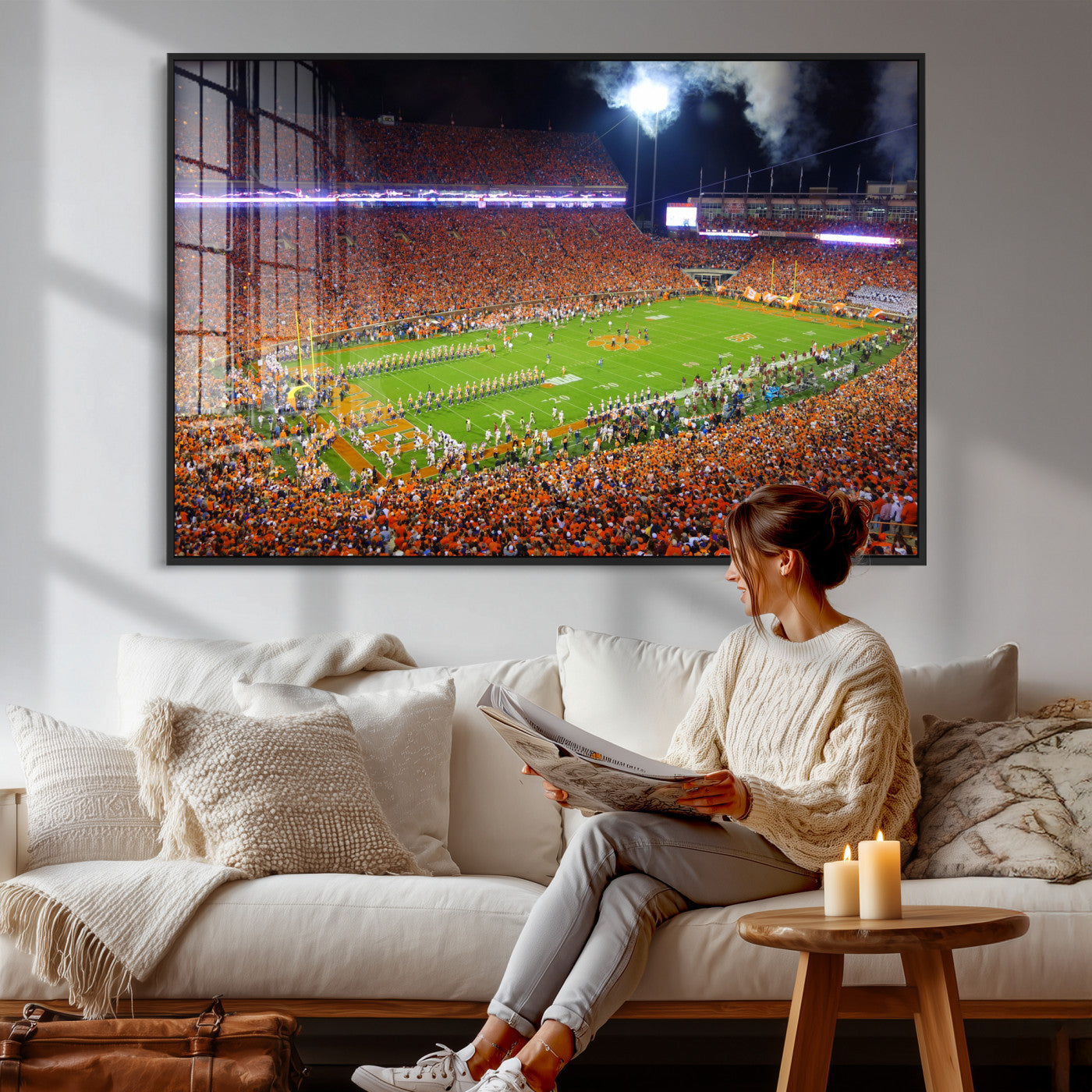 43662631-MGV-CV-36X24 - Clemson Football Stadium Wall Art Canvas Print, College Football Crowd Night Game Scene, Orange Stadium Panorama Wall Decor