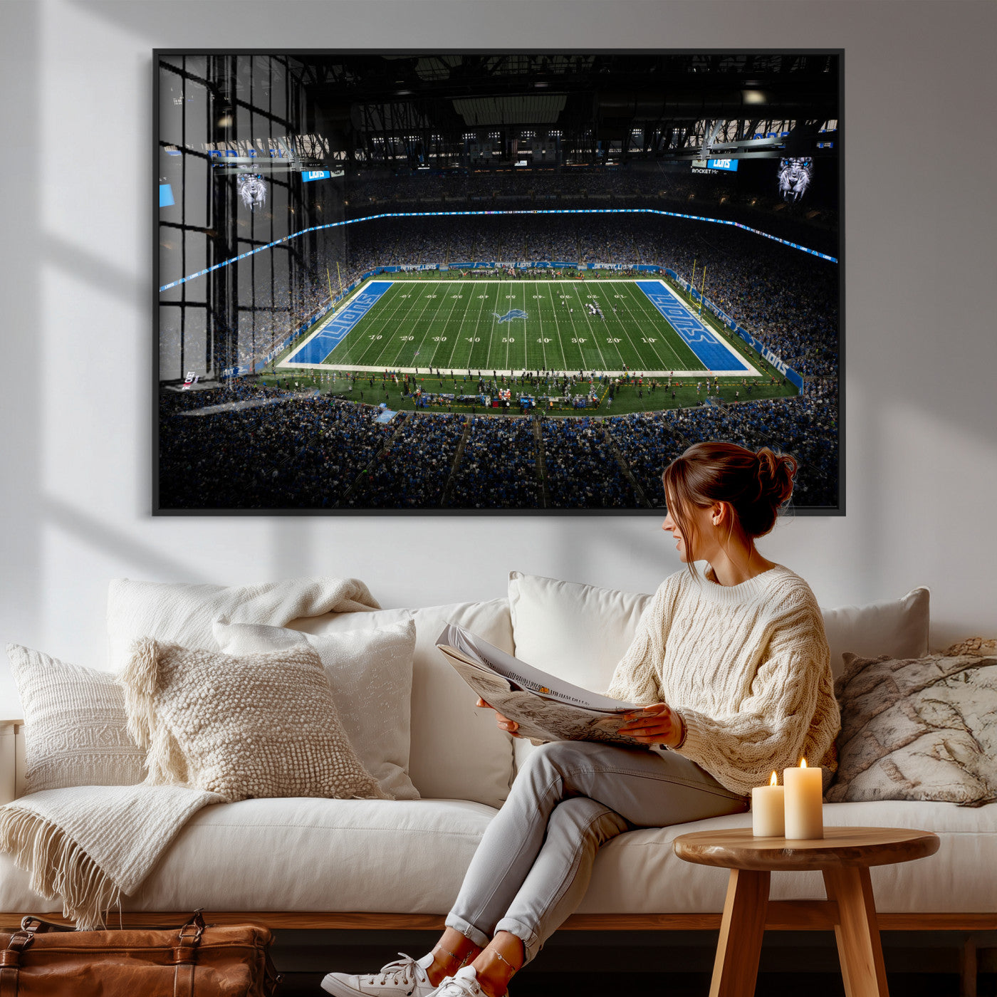 16709602-MGV-CV-36X24 - Detroit Lions Stadium Wall Art Canvas Print, Football Field Panorama Artwork, NFL Game Night Stadium Decor