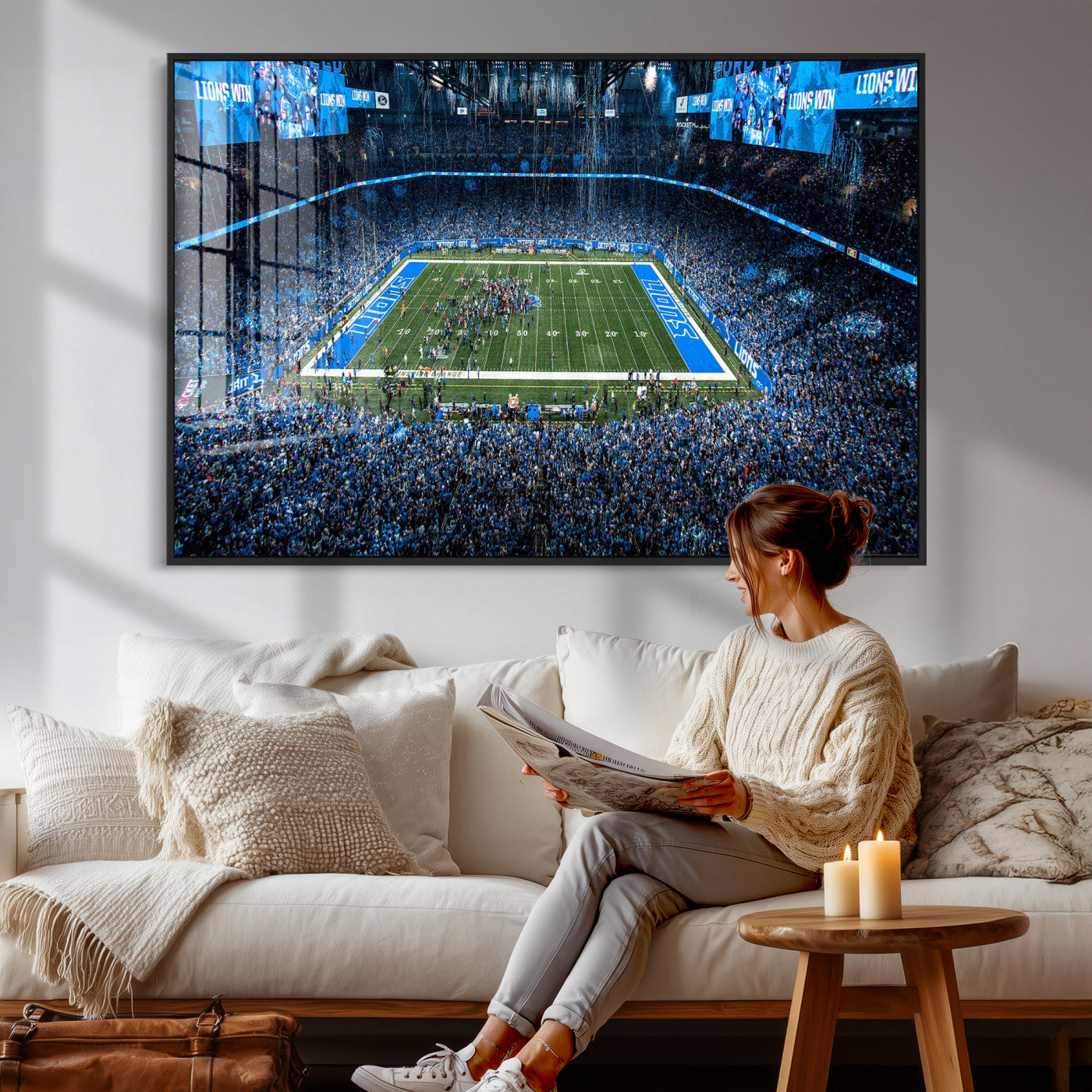 80882005-MGV-CV-36X24 - Detroit Lions Stadium Wall Art Canvas Print, Football Field Panorama Artwork, NFL Game Night Stadium Decor