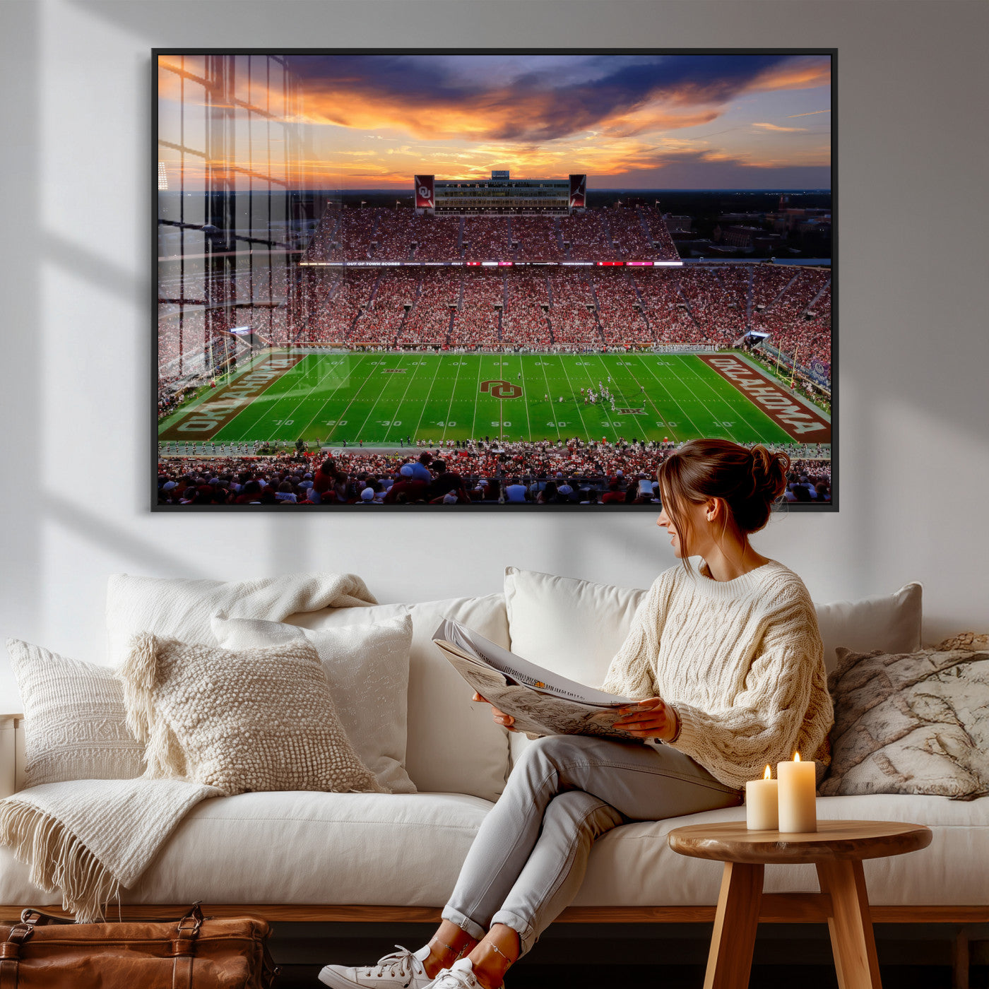 51457497-MGV-CV-36X24 - Oklahoma Sooners Stadium Wall Art Canvas Print, College Football Sunset Game Scene, OU Football Field Panorama Wall Decor