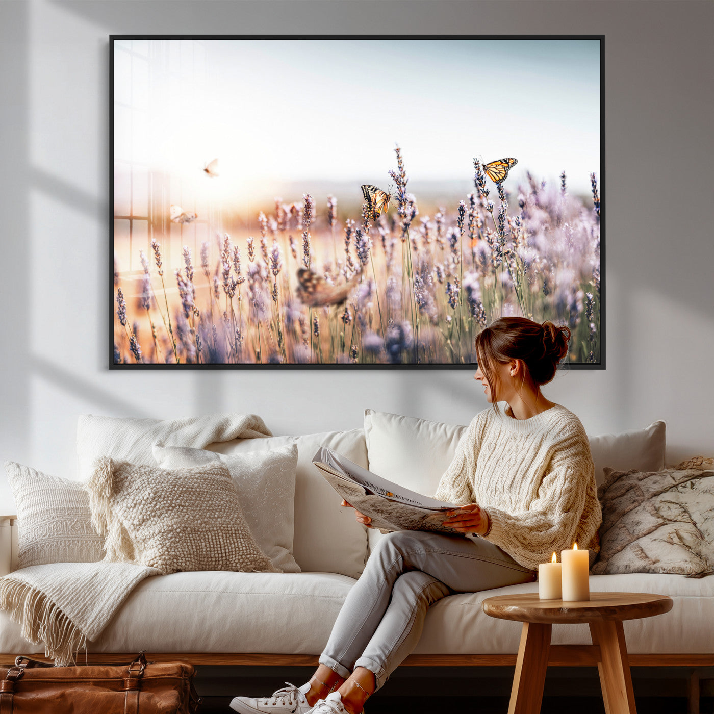 46417478-MGV-CV-36X24 - Lavender Field Wall Art Canvas Print, Butterfly Floral Landscape Art, Soft Nature Wall Decor for Bedroom