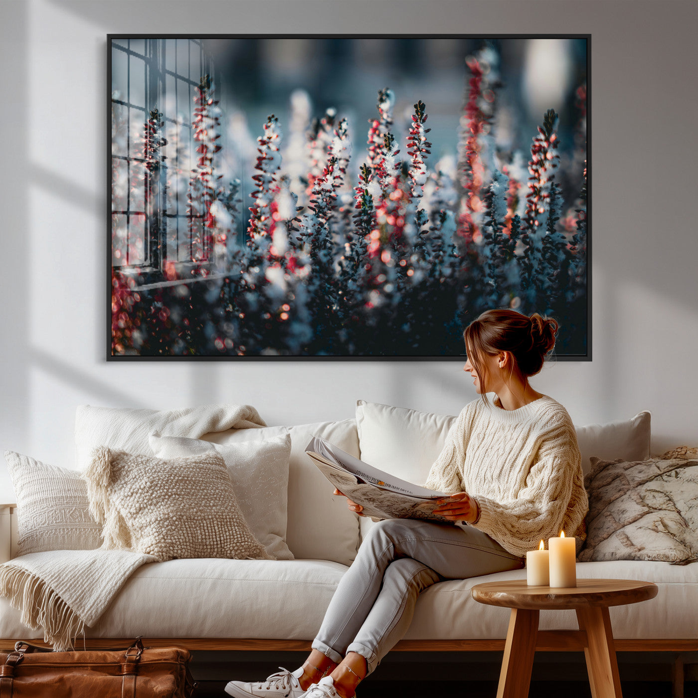 82063935-MGV-CV-36X24 - Winter Heather Wall Art Canvas Print, Frosted Floral Nature Art, Moody Botanical Wall Decor