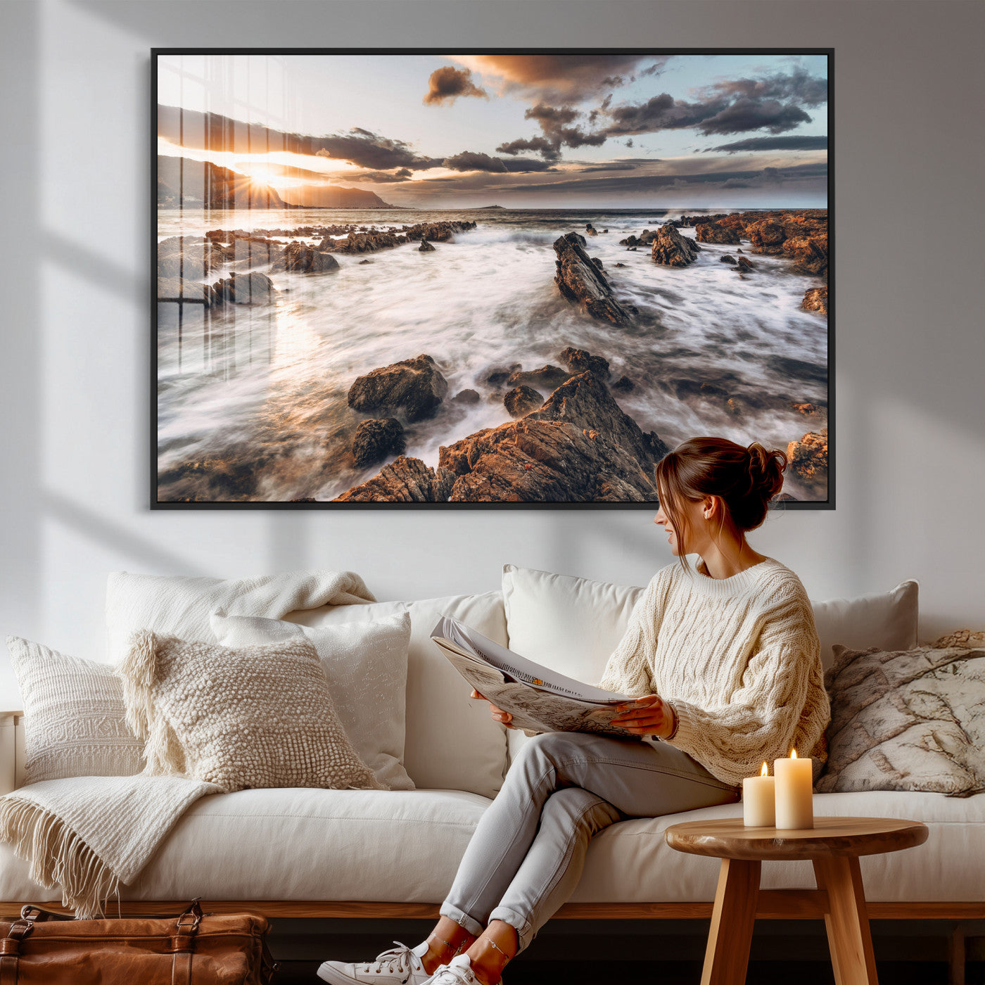 66746024-MGV-CV-36X24 - Rocky Coast Ocean Sunset Wall Art Canvas Print, Dramatic Seascape Nature Wall Decor for Living Room and Office