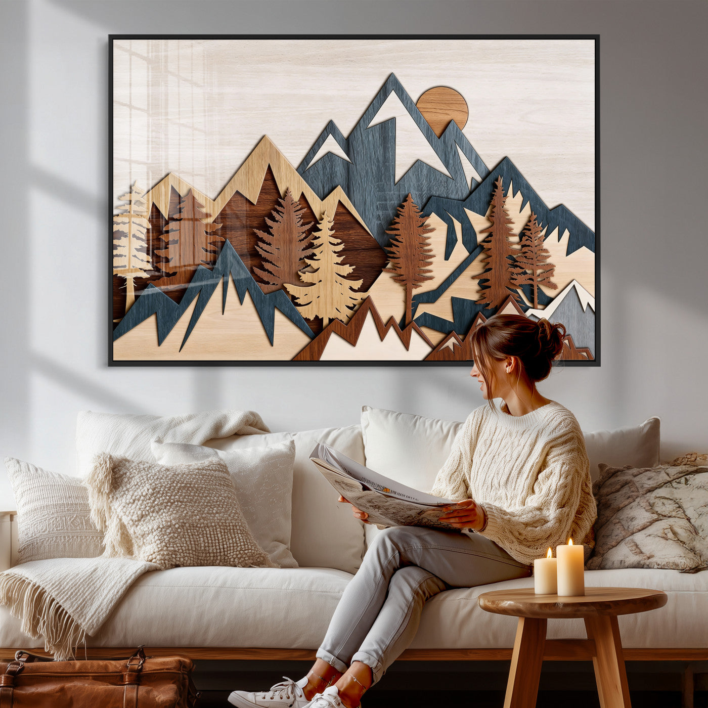 39888898-MGV-CV-36X24 - Layered Wooden Mountain Wall Art Canvas Print, Modern Rustic Forest and Pine Landscape Wall Decor