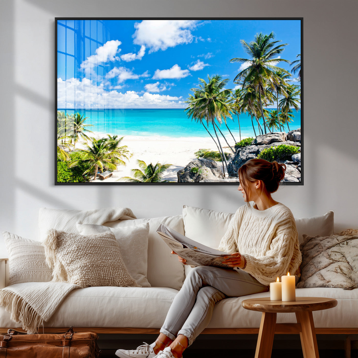 51097197-MGV-CV-36X24 - Tropical Beach Wall Art Canvas Print, Palm Tree Ocean Landscape Photography, Caribbean Coastal Artwork