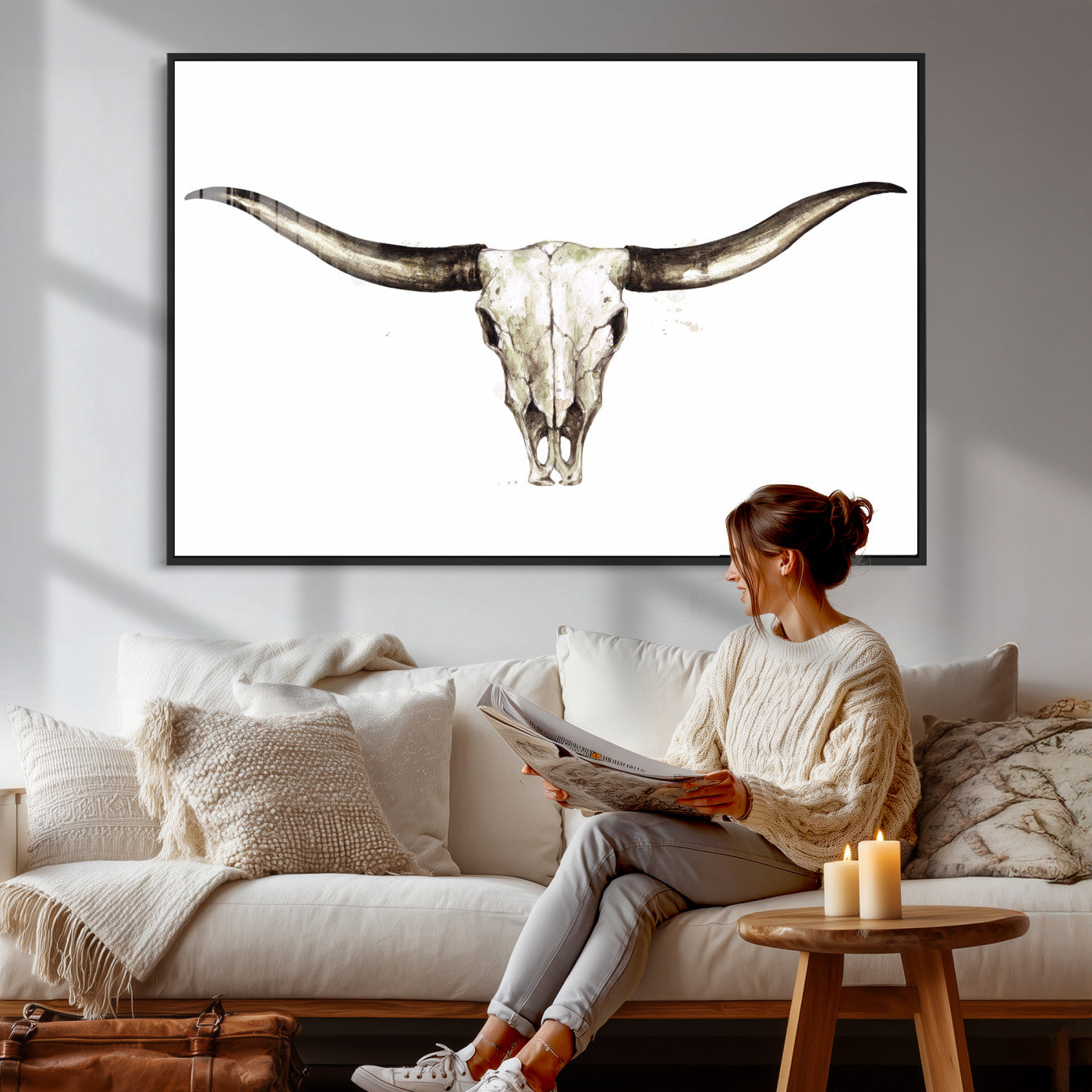 42788678A-MGV-CV-36X24 - Longhorn Skull Wall Art Canvas Print – Rustic Western Artwork Print for Living Room Wall Decor