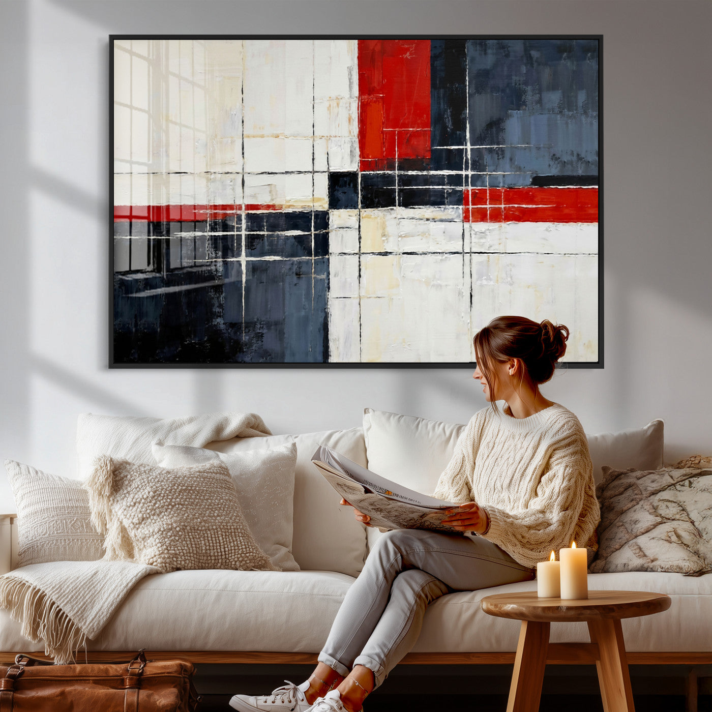 11921181-MGV-CV-36X24 - Navy Red Abstract Wall Art Canvas Print, Modern Luxury Geometric Painting Wall Decor for Living Room and Office