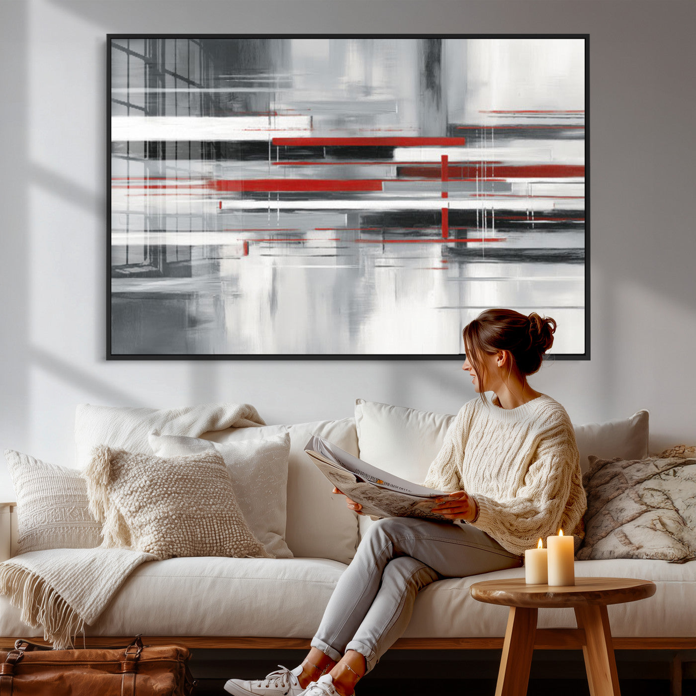 62640681-MGV-CV-36X24 - Gray Red Abstract Wall Art Canvas Print, Modern Abstract Canvas Wall Decor for Contemporary Living Room and Office